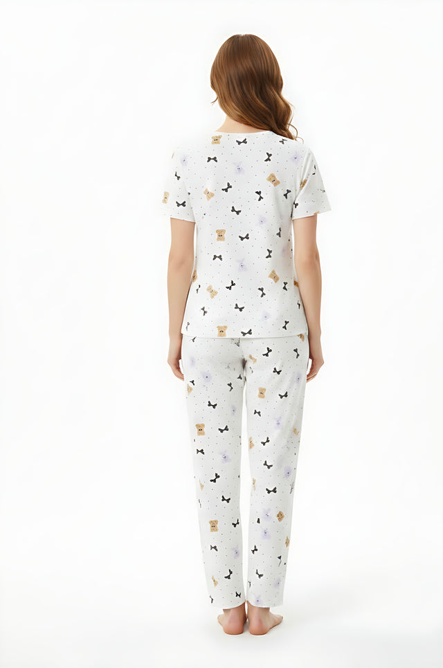 Women Printed Soft Cloud Night Suit Set with Round Neck Top and Pyjama for Comfortable Sleepwear and Lounge Wear