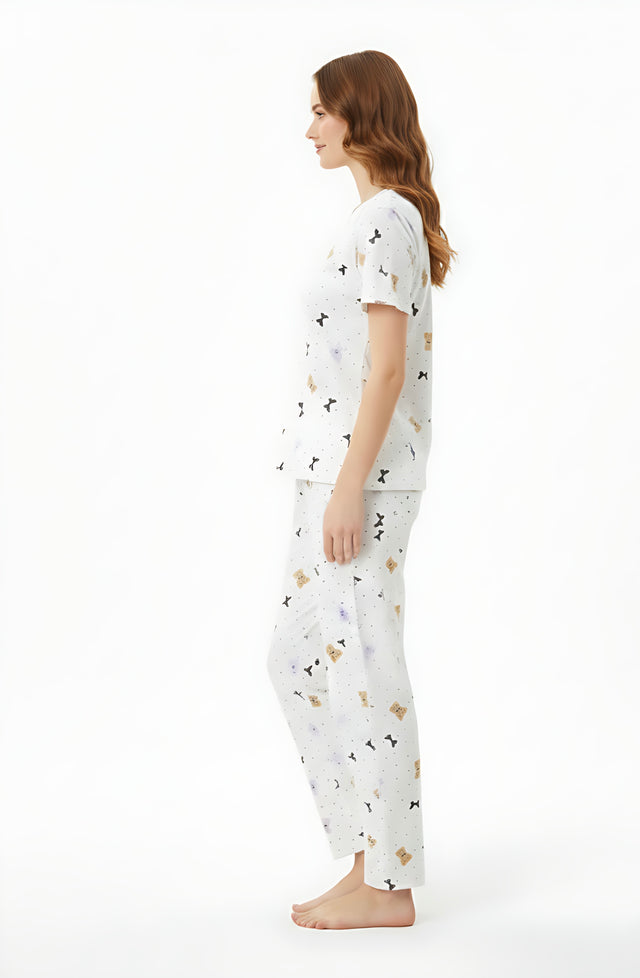 Women Printed Soft Cloud Night Suit Set with Round Neck Top and Pyjama for Comfortable Sleepwear and Lounge Wear