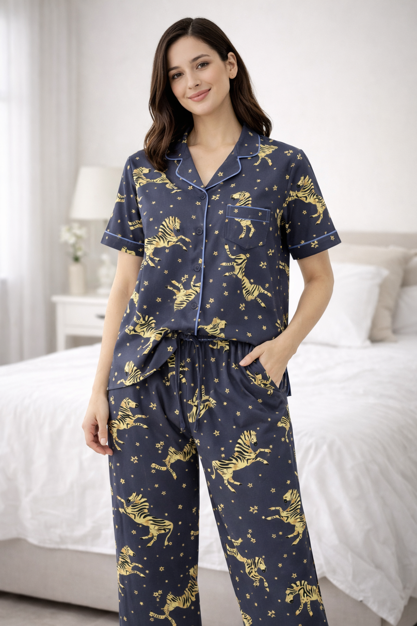 Bodycomfy Women's Printed Soft Cloud Night Suit - Navy with Zebra Print