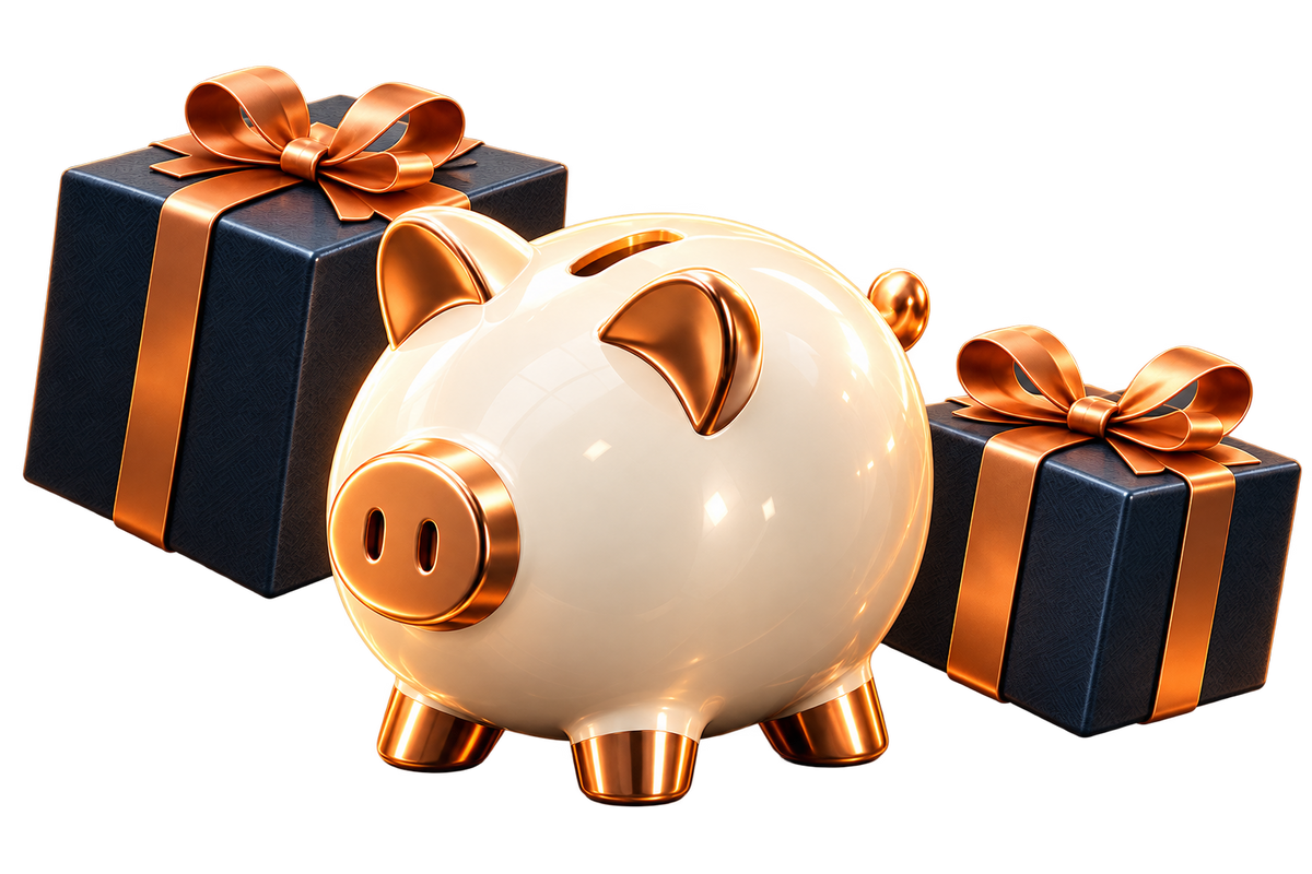 Ivory piggy savings bank and navy gifts with copper ribbons