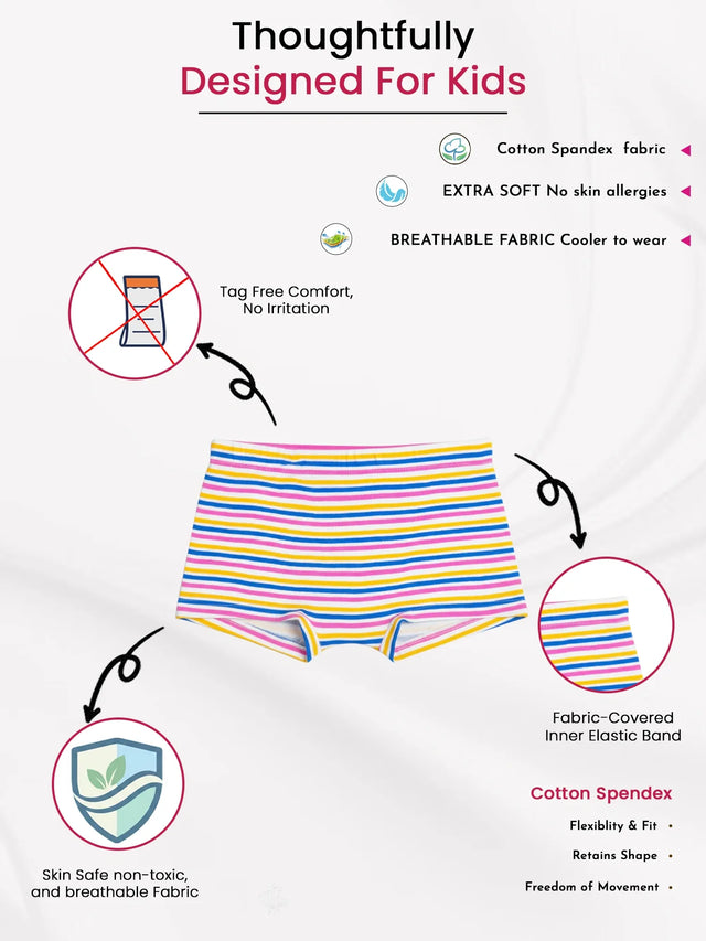 Girls 100% Cotton Boyshorts with Inner Elastic for Everyday Innerwear Comfort and Regular Use - Pack of 3