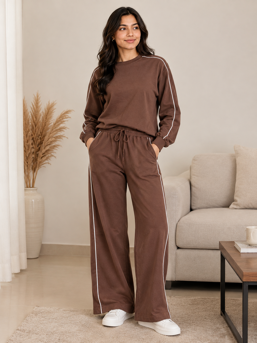BodyComfy Women’s Brown Fleece Co-Ord Set with Contrast White Piping