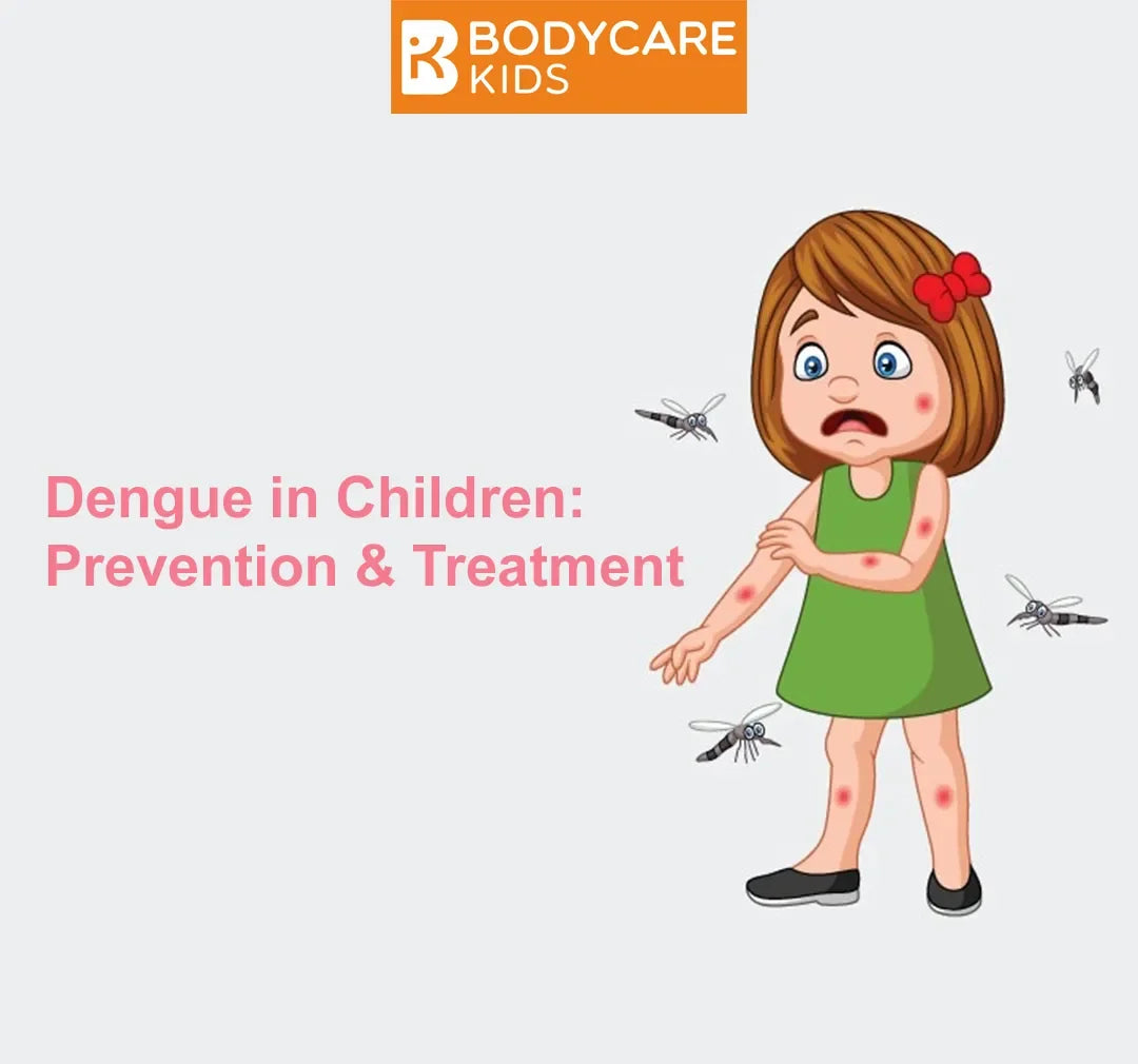 Cartoon girl with mosquito bites surrounded by mosquitoes, dengue prevention awareness for kids