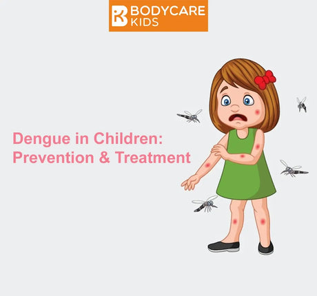 Cartoon girl with mosquito bites surrounded by mosquitoes, dengue prevention awareness for kids