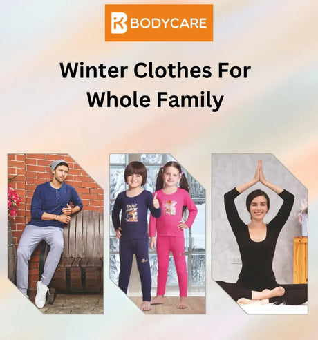 Family wearing winter thermals and warm clothing, showing coordinated winter wear for all age groups