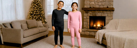 Two kids wearing Bodycare thermal wear indoors, staying warm and comfortable during winter
