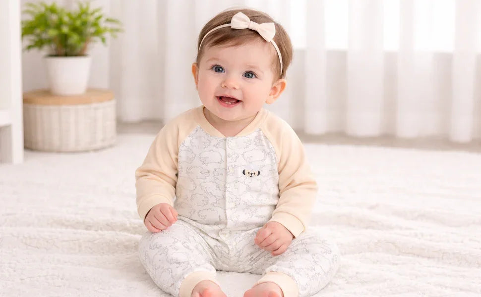 Baby sitting indoors wearing comfortable cotton innerwear designed for daily wear