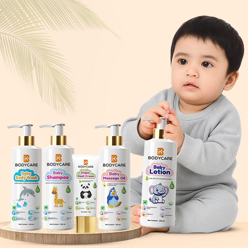 Bodycare baby care range with shampoo, body wash, lotion, and massage oil — gentle, safe, and dermatologically tested for soft, healthy baby skin.