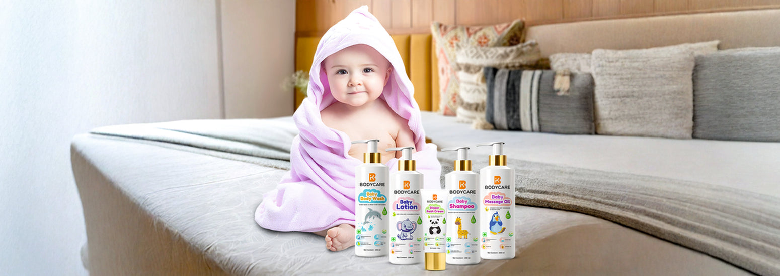 Baby sitting beside baby care products, wearing gentle cotton innerwear suitable for sensitive skin