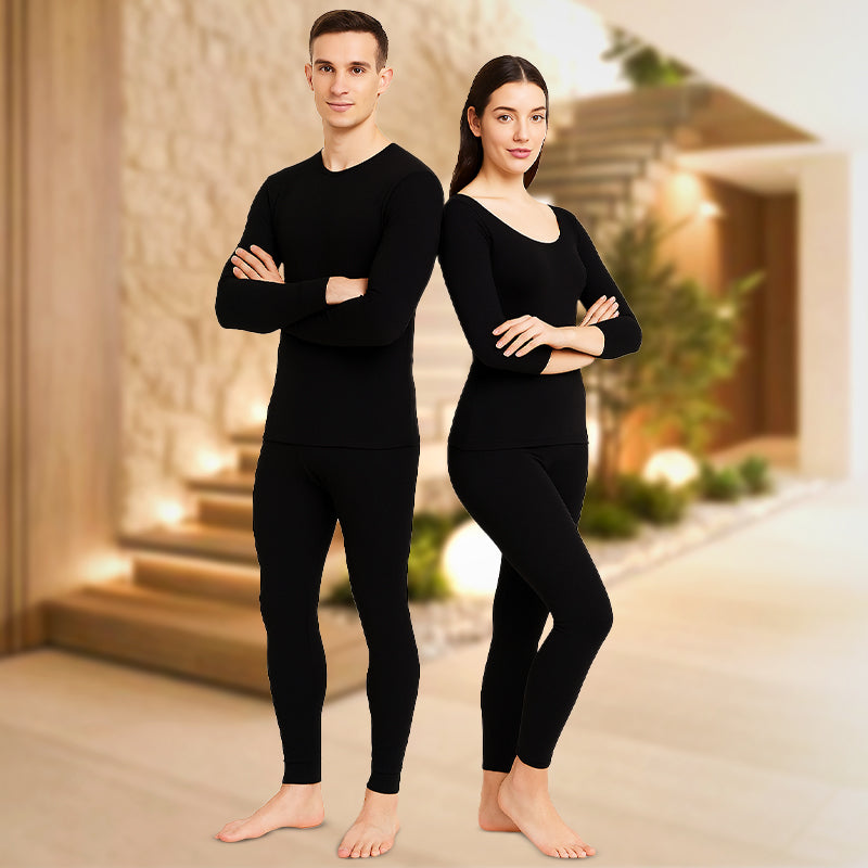 Elderly men and women wearing Bodycare super-warm cotton-feel thermals offering soft comfort, full-body warmth and winter protection.