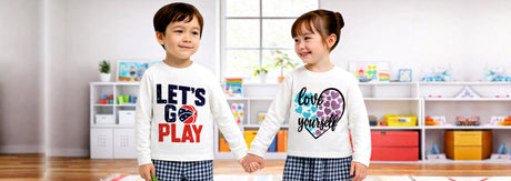 Two kids wearing full-sleeve cotton tops indoors, highlighting protection from mosquitoes and weather changes