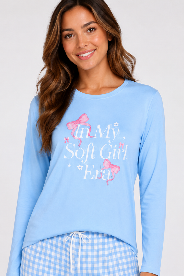 Women's Blue Soft Cloud Night Suit with Soft Girl Graphic Top & Gingham Pyjama