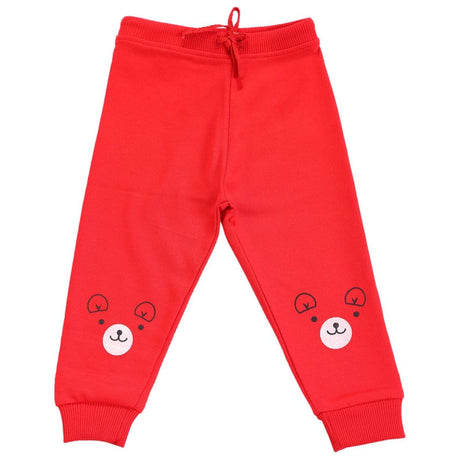 Red kids joggers with cute bear face print on legs and drawstring waist