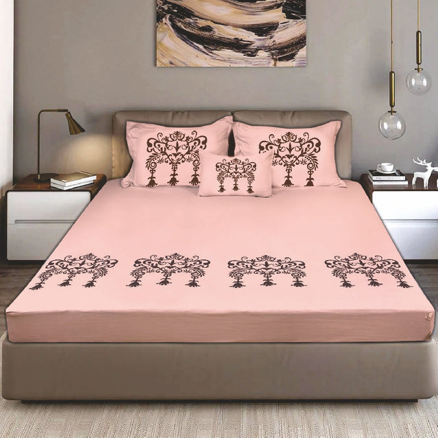 King Size Cotton Bedsheet Brown Ornamental Print - Bodycare