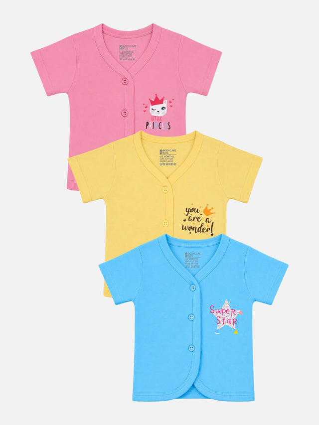 Baby Girls Cotton Innerwear Vest Front Open Round Neck Half Sleeves Sleeveless Prinated for Everyday Innerwear Comfort, Easy Layering and Regular Use - Pack of 3