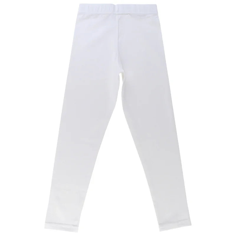 White full-length kids leggings with elastic waistband, displayed on white background