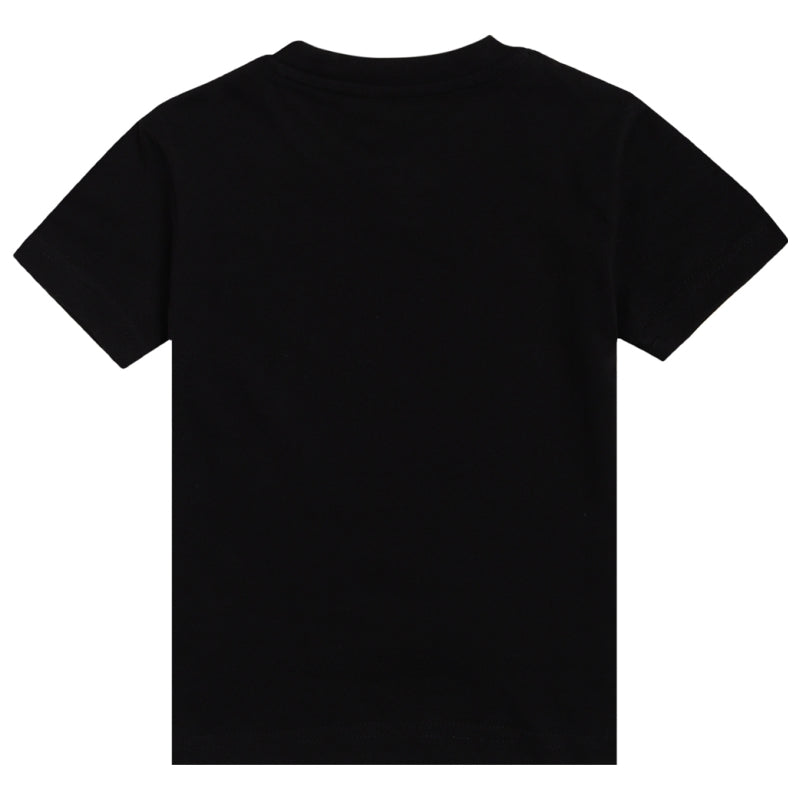 Back view of plain black kids short sleeve t-shirt, soft cotton casual wear