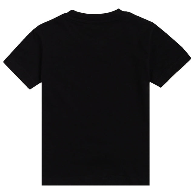 Back view of plain black kids short sleeve t-shirt, soft cotton casual wear