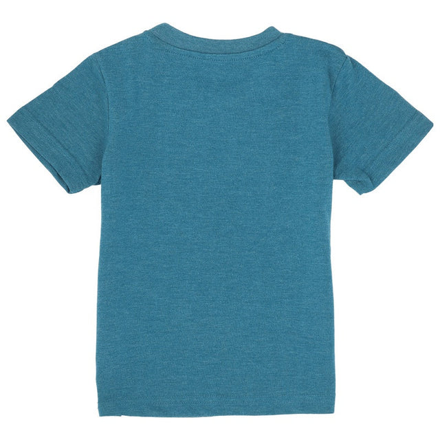 Kids blue short sleeve t-shirt, plain back view, soft cotton fabric