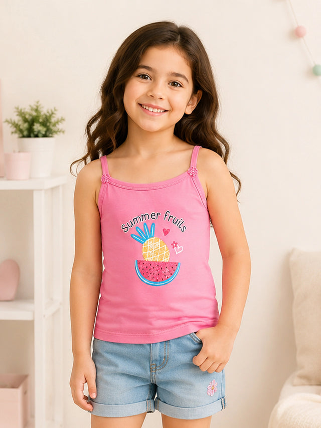 Girls Printed 100% Cotton Vest Camisole, Sleeveless Design and Everyday Innerwear Comfort - Pack of 4