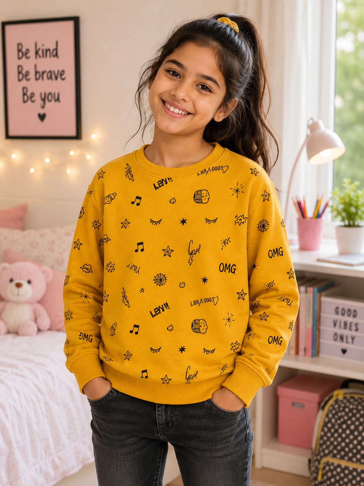 Girls Printed Round Neck Full Sleeve Sweatshirt for Casual Wear, Comfortable Coverage and Winter Wardrobe Use - Pack of 1