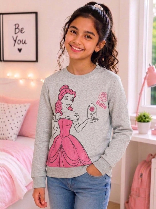 Girls Princess Printed Round Neck Sweatshirt with Full Sleeves for Casual Outfits and Everyday Comfort