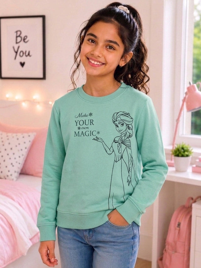 Girls Princess Printed Round Neck Sweatshirt with Full Sleeves for Casual Wear and Cool-Weather Comfort