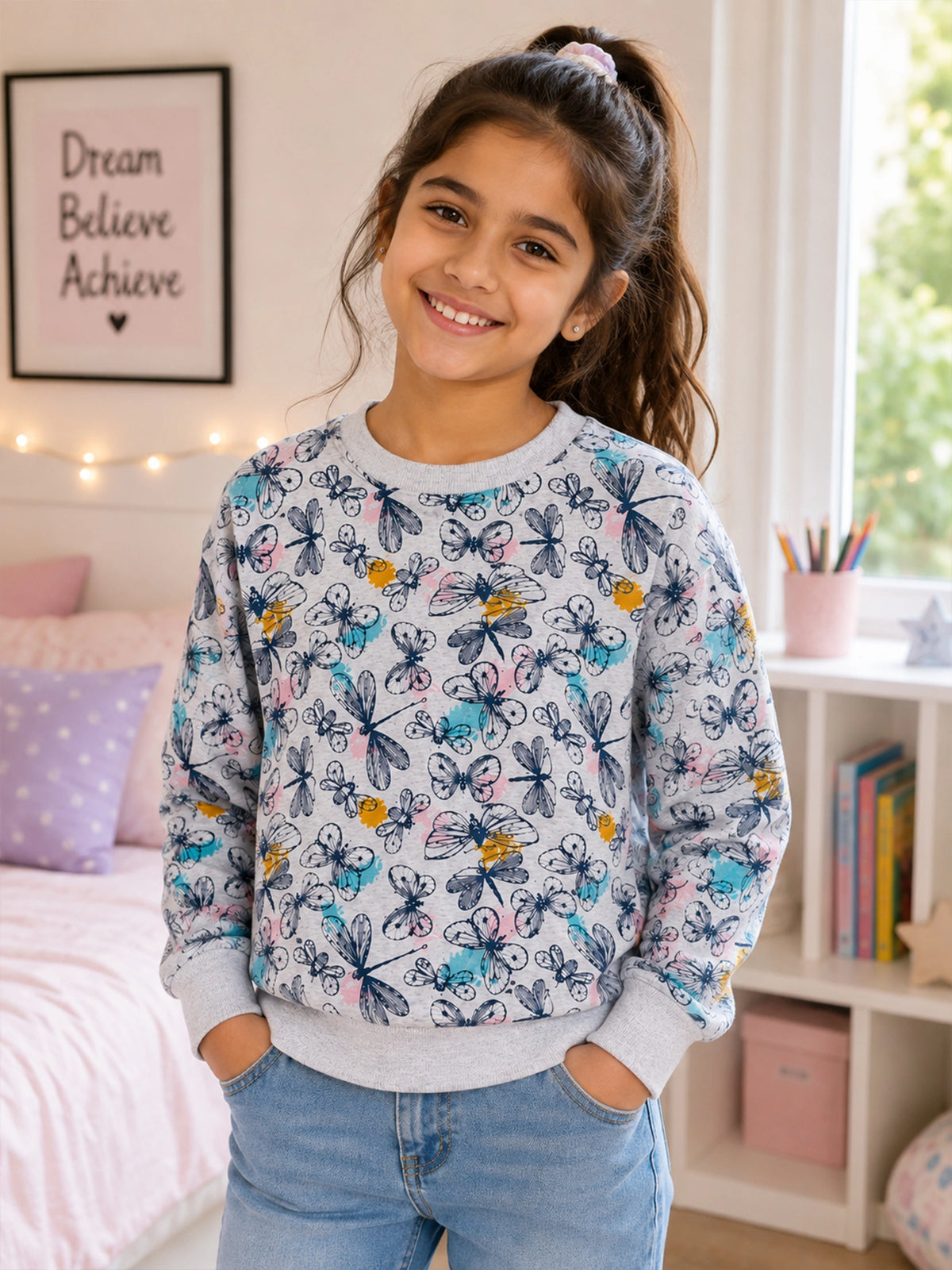 Girls Printed Round Neck Full Sleeve Sweatshirt for Casual Wear, Comfortable Coverage and Winter Wardrobe Use - Pack of 1