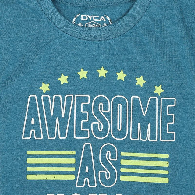 Blue kids t-shirt with 'Awesome As' text, yellow stars, and stripes design, size 18-24 months.