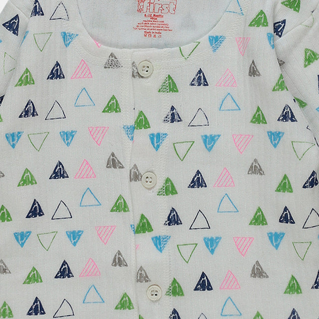 White baby vest with colorful triangle pattern and front button closure