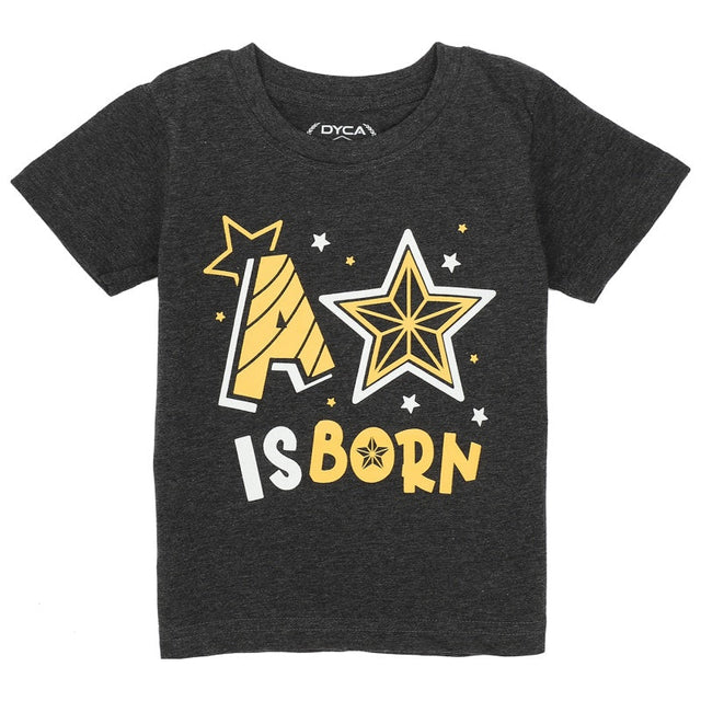 Kids black t-shirt with yellow star print and 'A Star Is Born' graphic design