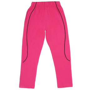Pink kids track pants with black piping, elastic waistband, comfortable fit, flat lay