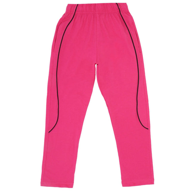 Pink kids track pants with black piping, elastic waistband, comfortable fit, flat lay