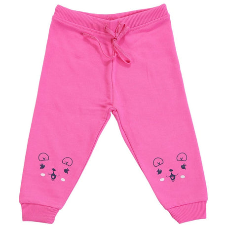 Pink kids pajama pants with cute bear face prints, drawstring waist, soft cotton fabric