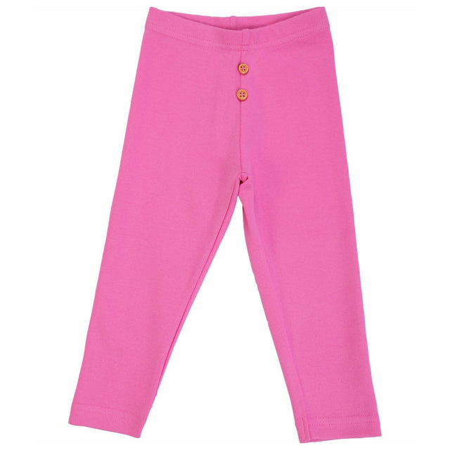 Pink kids leggings with two brown buttons on waistband, soft cotton, full length