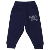 Navy blue kids' sweatpants with 'Daddy's Champ' text, elastic waist, soft cotton fabric.
