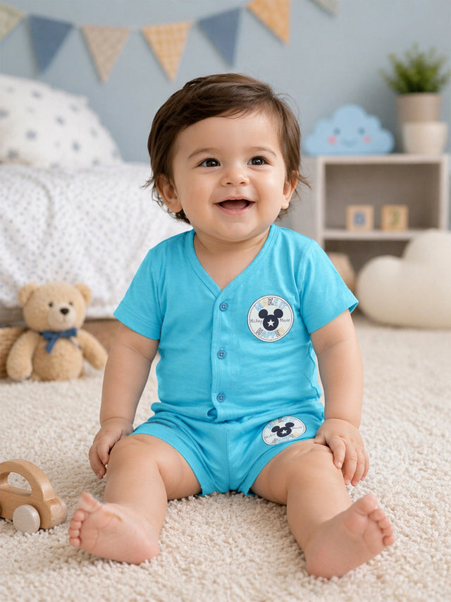 Baby 100% Cotton Front Open Half Sleeves Set for Easy Dressing, Casual Wear and Everyday Comfort Use