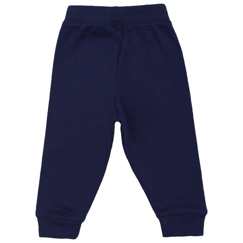 Navy blue kids thermal pants with elastic waistband and cuffed ankles, back view