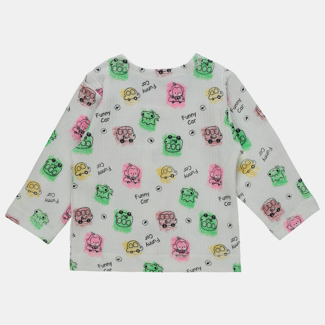 Kids long sleeve innerwear top with colorful cartoon cars and animals print on white fabric