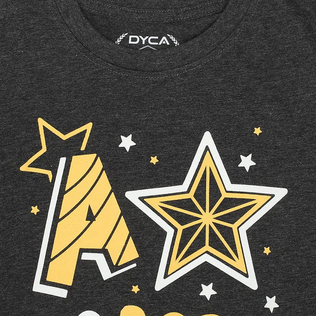 Dark grey kids t-shirt with yellow and white star and letter A graphic print
