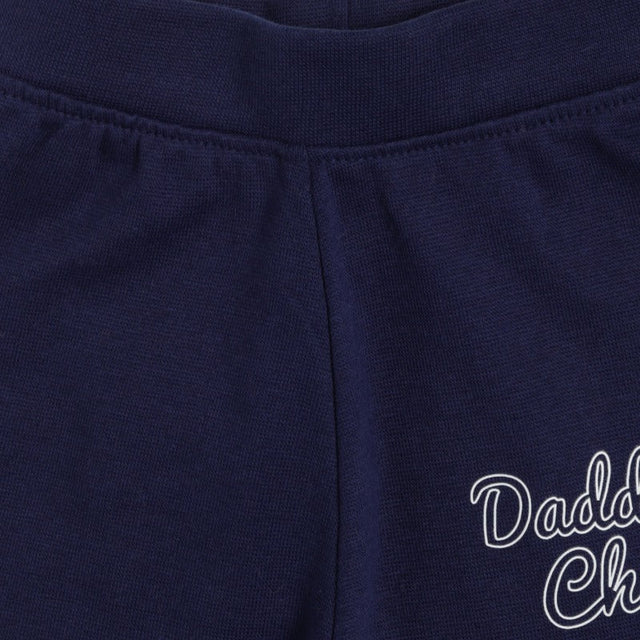 Navy blue kids thermal pants with elastic waistband and 'Daddy's Champ' text detail