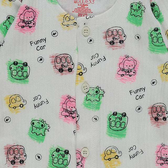Close-up of white baby onesie with colorful car and animal cartoon print and front buttons