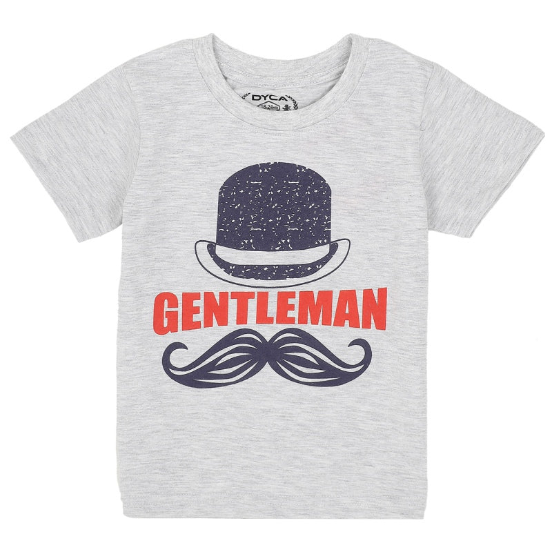 Light grey kids t-shirt with 'GENTLEMAN' text, hat and mustache graphic print