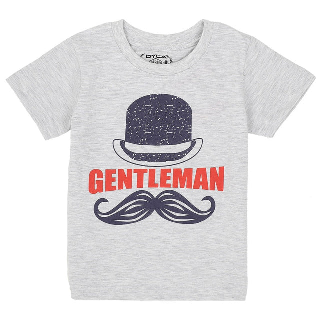 Light grey kids t-shirt with 'GENTLEMAN' text, hat and mustache graphic print