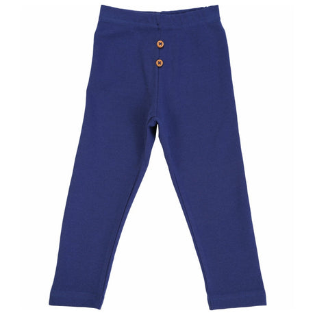 Blue kids cotton leggings with elastic waist and two brown buttons on front