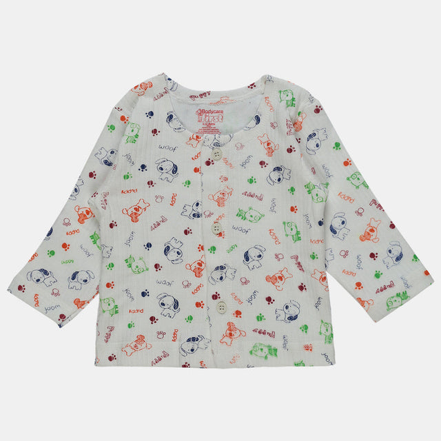 Kids long-sleeve white cotton shirt with colorful dog and paw print cartoon patterns