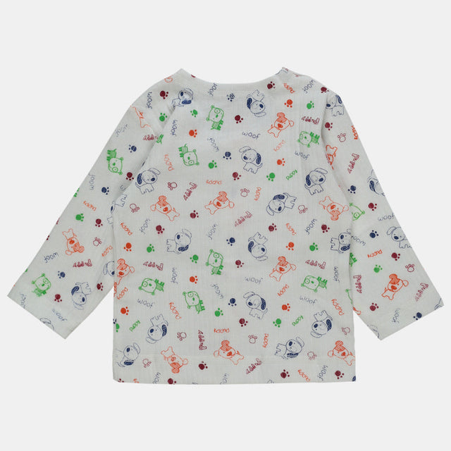Kids long sleeve white top with colorful animal and paw print pattern, back view