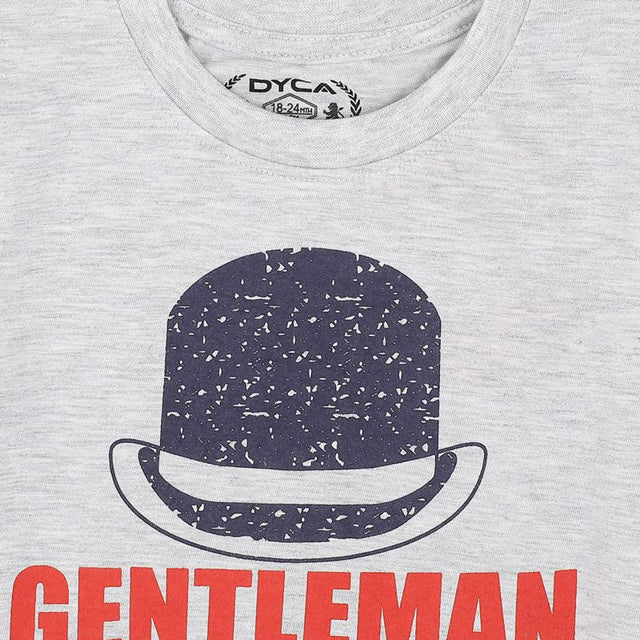 Light grey kids t-shirt with navy hat graphic and red 'GENTLEMAN' text print