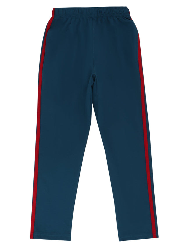Kids blue track pants with red side stripes and elastic waistband, comfortable fit