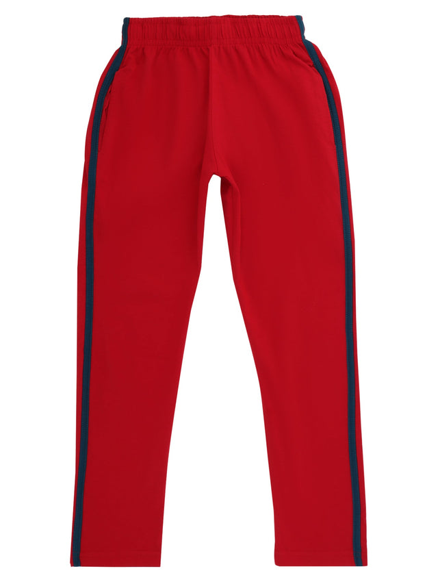 Kids red track pants with navy side stripes and elastic waistband, comfortable fit